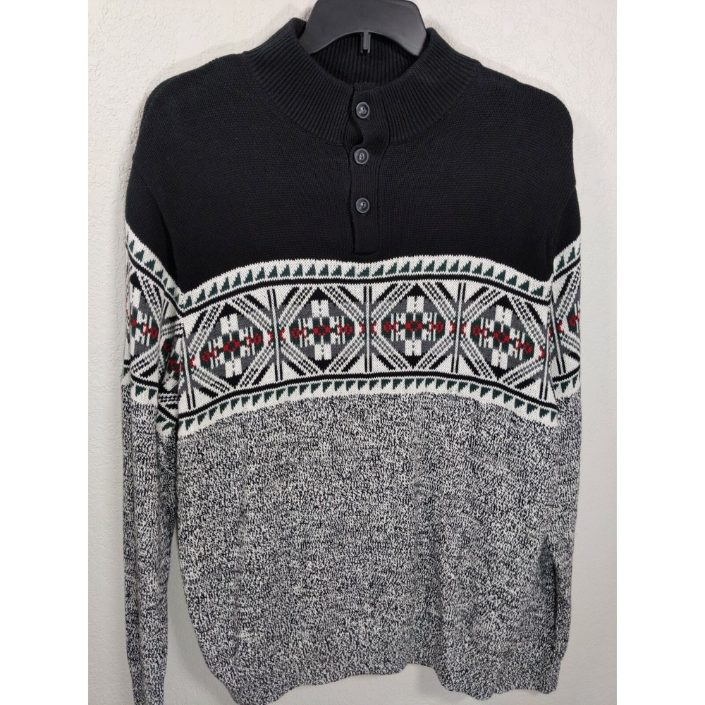 Chaps Fair Isle Stripe Button Mock Neck Henley Sweater Black‎ Size XL NWT